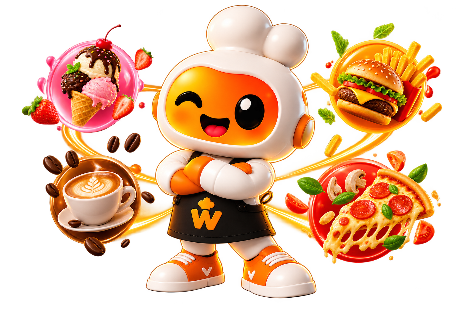 Mascota Waoo con platos en órbita